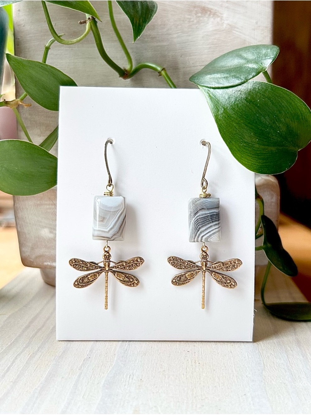 Handcrafted Botswana Agate & Brass Dragonfly Dangle Earrings